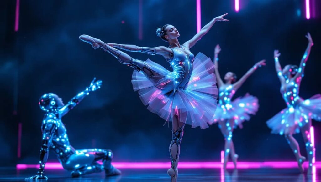 An illustration of biomechanical ballet simulation showcasing professional ballet dancers.