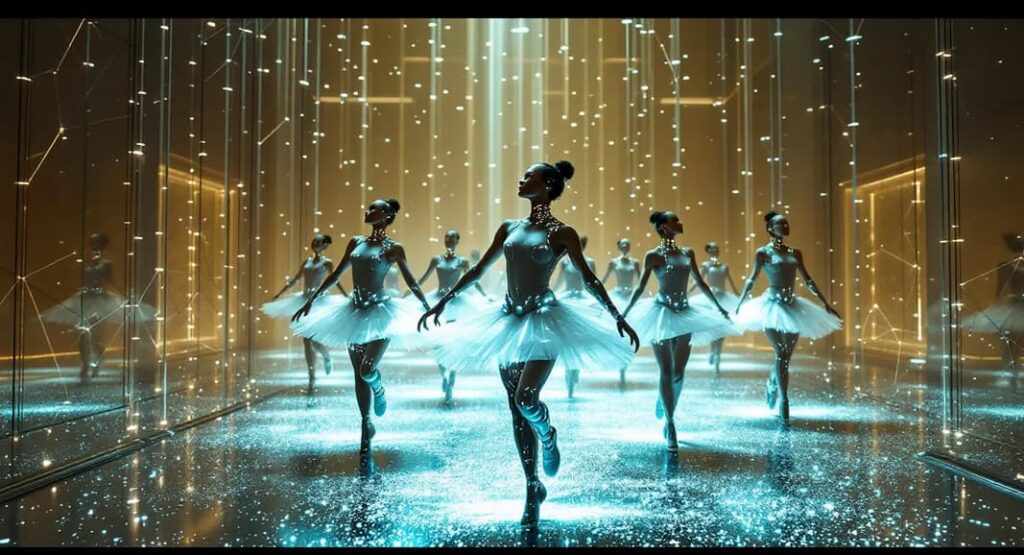 Advanced technologies used in biomechanical ballet simulations, featuring dancers in a studio.